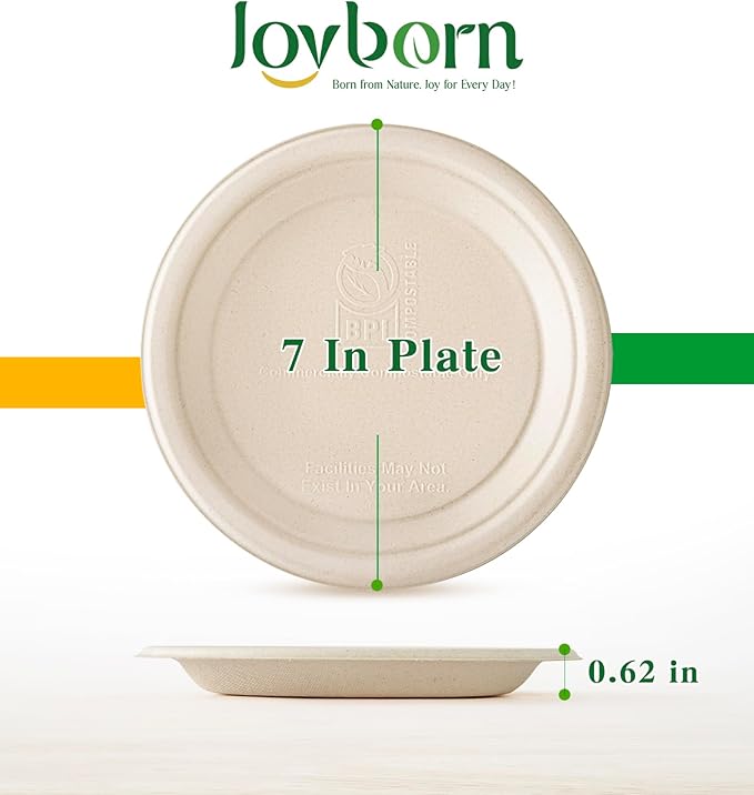 125 Count Compostable Paper Plates, 7 Inch, Heavy Duty Disposable Plates by Biodegradable Bagasse, Dessert Plates Bulk for Party | Microwave-Safe | Soak-Resistant, Cut Resistant