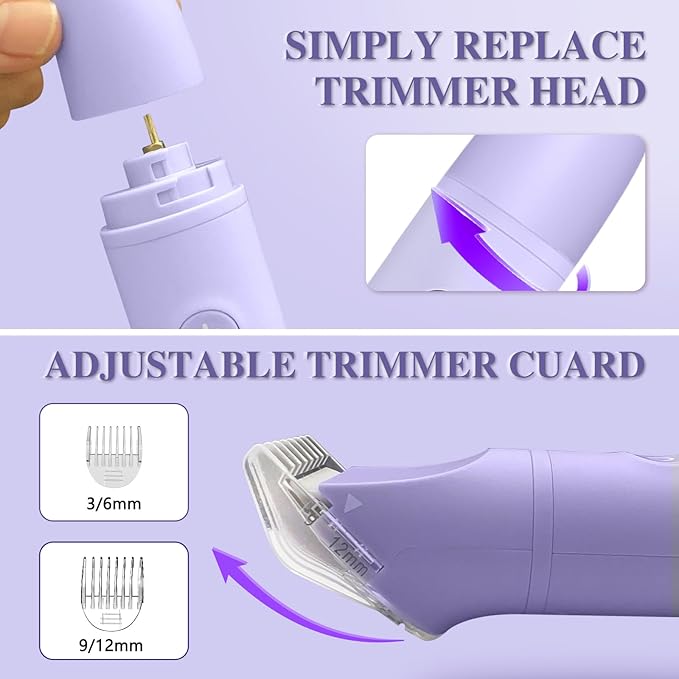 3-in-1 Bikini Trimmer for Women, IPX7 Waterproof Electric Shaver for Women-Rechargeable Electric Razors for Pubic, Facial & Body Hair Trimmer with LED Display, Travel Kit & Painless Blades (Purple)-BrightBean Baby