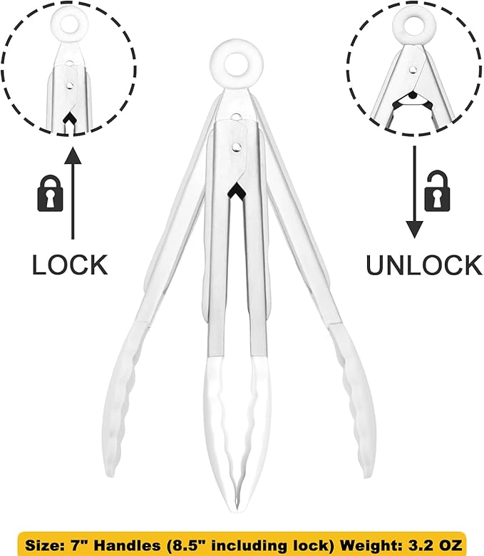 Mini Tongs with Silicone Tips 7-Inch Serving Tongs, Set of 3 (White)