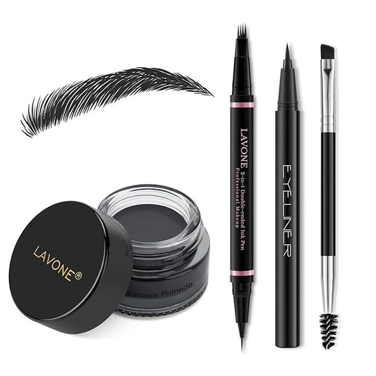 LAVONE Eyebrow Pencil Makeup Kit, with Waterproof 2-IN-1 Microblading Eyebrow Pen, Eyebrow Pomade, Eyeliner and Dual-ended Eyebrow Brush, Brow Pencil Kit for Natural Eyebrows - Black-BrightBean Baby