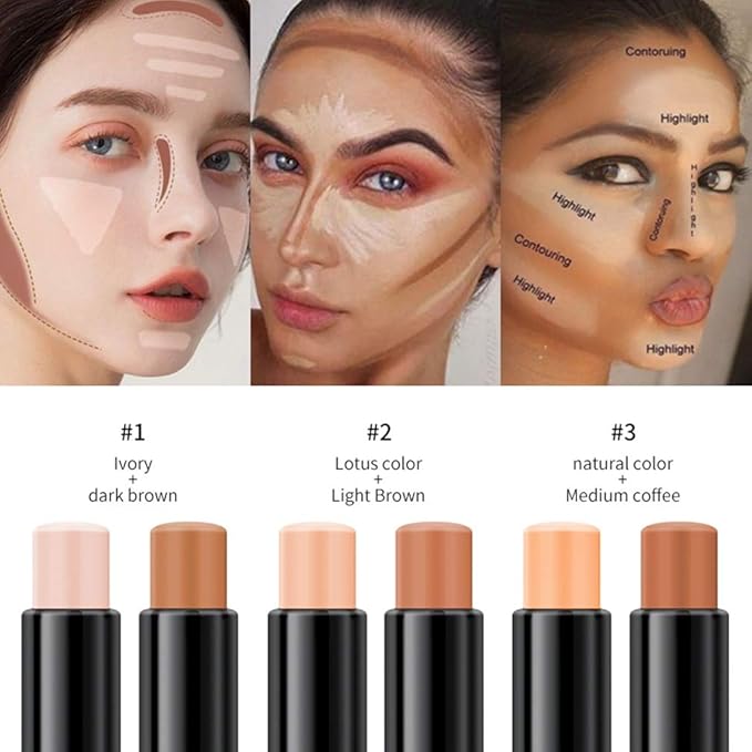 MEICOLY Cream Contour Stick Trio,Bronzer Highlighter Stick,2 in 1 Double Head Facial Repair Concealer Stick,3D Body Makeup Shading Trimming Stick,Smooth Gliding Face Illuminator Makeup,6 Colors-BrightBean Baby