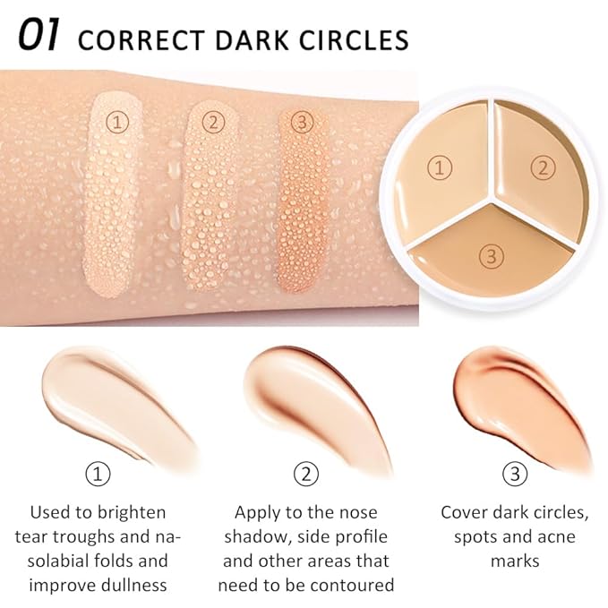 Kaely 2Pcs Tri Color Concealer Pot,Color Correcting Concealer for Dark Circles Spots,Cream Concealer Full Coverage,Foundation Contour Makeup Palettes,under Eye Brightener corrector de ojeras,01-BrightBean Baby