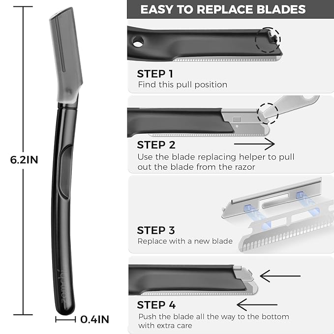 ZOMCHI Dermaplaning Tool for Face with 11 Refill Blades, Dermaplane Razor for Women and Men, Face Razor with Precision Silicone Cover, Eyebrow Razor, Facial Razor, Reusable Metal Handle - Matte Black-BrightBean Baby