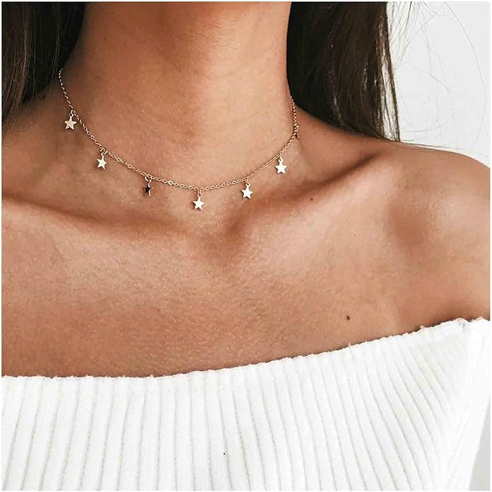 Boho Star Choker Necklace Gold Star Dangle Necklace Chain Short Minimalist Necklace Gold Collarbone Necklace Jewelry for Women Gifts-BrightBean Baby