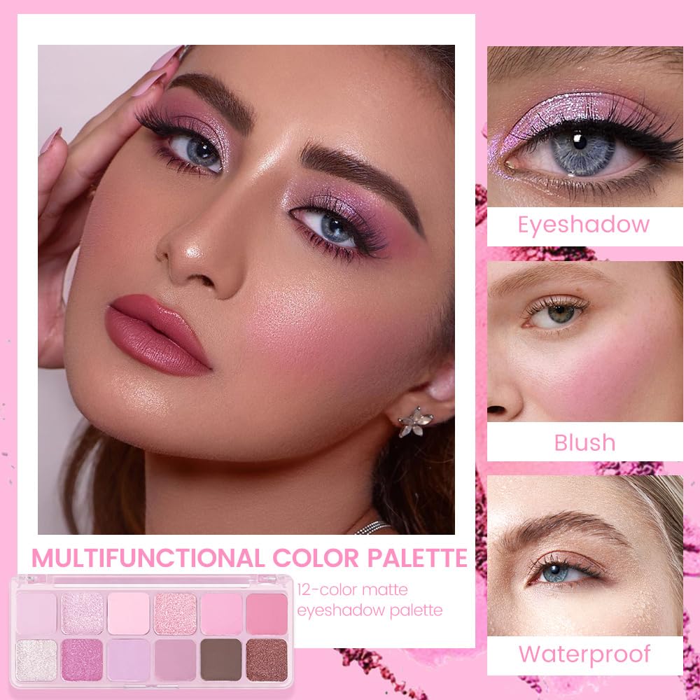 AMY'S DIARY 12Color Matte Purple Pink Eyeshadow Palette,Shimmer Eye Shadow Long-Lasting, and Highly Pigmented Elevate Your Eye Makeup-BrightBean Baby