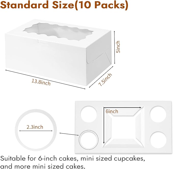 10 Pack Cakes and Cupcake Boxes with Transparent Windows Suitable for 4 Cupcakes and 1 Small Cake, Used as Baking Supplies for Birthdays, Weddings, Holidays and Parties.(White, 1+4(10Pack))