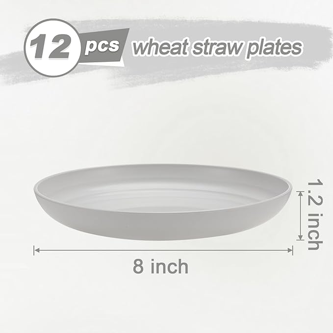 12 Pcs Unbreakable Deep Dessert Plates Set, 8 inch Reusable Plastic Wheat Straw Plates, Microwave and Dishwasher Safe Plate for Kitchen, Lightweight Plate for Dessert, BPA Free, White Gray