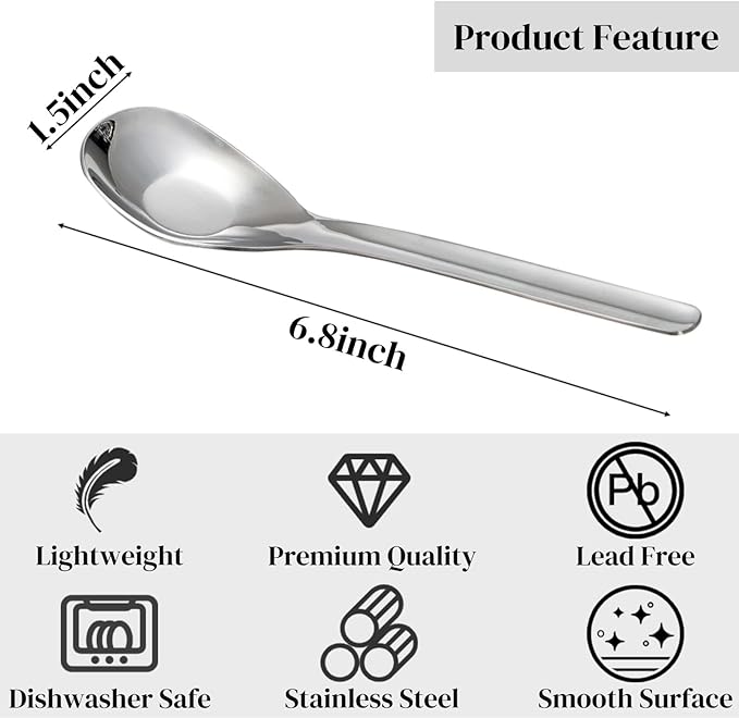 12 Pack Stainless Steel Soup Spoons, Premium Mirror Polished Chinese Dinner Spoons, Heavy Weight Table Spoon with Ergonomic Handle for Bouillon, Ramen, Pho, Wonton, Rice, Dishwasher Safe