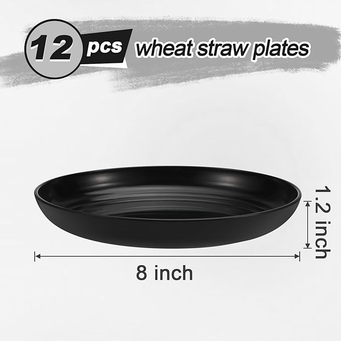 12 Pcs Unbreakable Deep Dessert Plates Set, 8 inch Reusable Plastic Wheat Straw Plates, Microwave and Dishwasher Safe Plate for Kitchen, Lightweight Plate for Dessert, BPA Free, Black