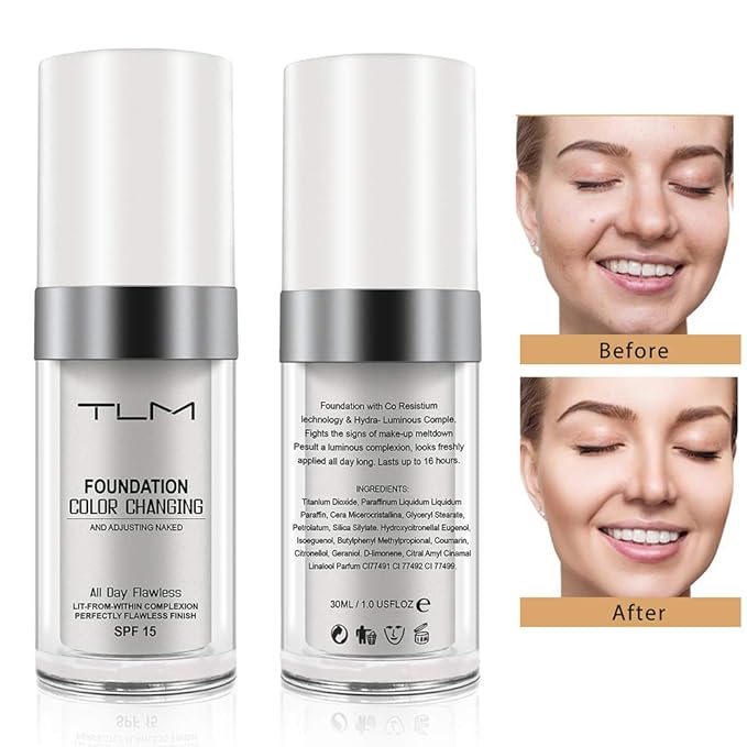 TLM Color Changing Foundation,Nude Makeup Color Changing Concealer,2Pack,All Day Flawless Moisturizing Oil Control Concealer Full Coverage Liquid Foundation Hides Lines-BrightBean Baby