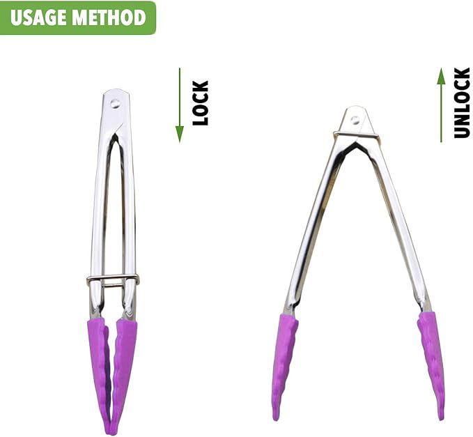 7-Inch Stainless Steel Tongs with Silicone Tips Locking Metal Food Tongs, Set of 3 (Purple)