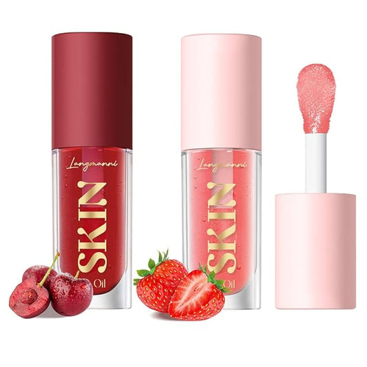 2Pack Big Brush Head Hydrating Lip Glow Oil Plumping Lip Tint, Hydrating Lip Gloss Tinted Lip Balm Transparent Lip Care, Long Lasting Nourishing Non-sticky Fresh Texture (Strawberry + Cherry)-BrightBean Baby