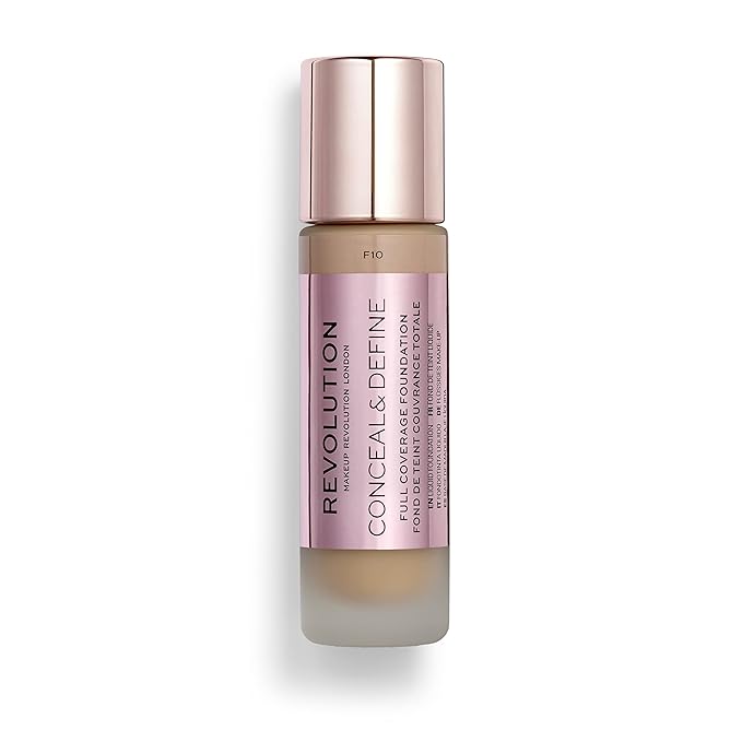 Makeup Revolution Conceal & Define Foundation, Cream Foundation Makeup, Full Coverage, For Medium Skin Tones, Vegan & Cruelty-Free, F10, 23ml-BrightBean Baby