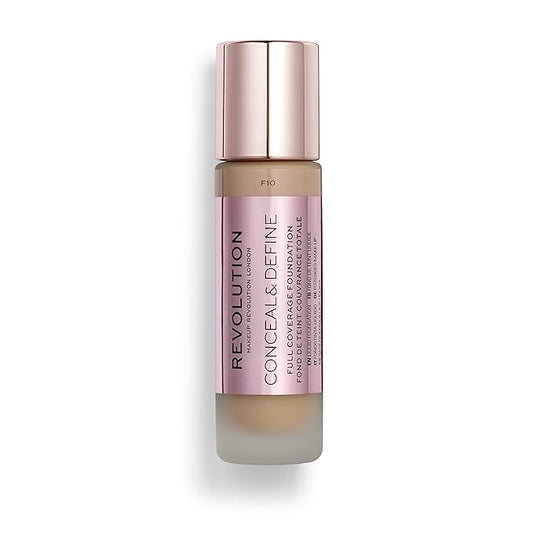 Makeup Revolution Conceal & Define Foundation, Cream Foundation Makeup, Full Coverage, For Medium Skin Tones, Vegan & Cruelty-Free, F10, 23ml-BrightBean Baby