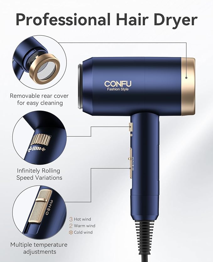 Hair Dryers for Women, CONFU Hair Dryer with Diffuser, Blow Dryers for Men, Hairdryer with Diffuser Attachment, Portable Lightweight Fast Drying Negative Ion Hairdryer for Home-BrightBean Baby