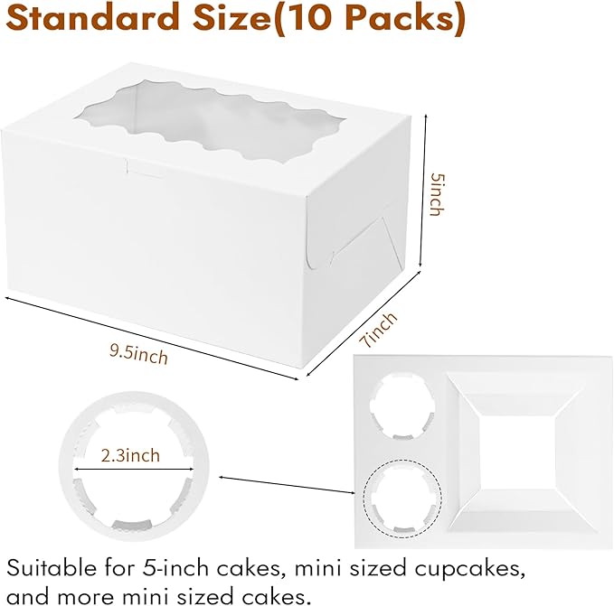 10 Packs bento cake box and Cupcake Box 3 Holes Fit 2 Cupcakes and 1 Mini Cake Box with Clear Window and Stickers for Wedding Birthday Party Bakery pastry boxes(White, 1+2(10Pack))