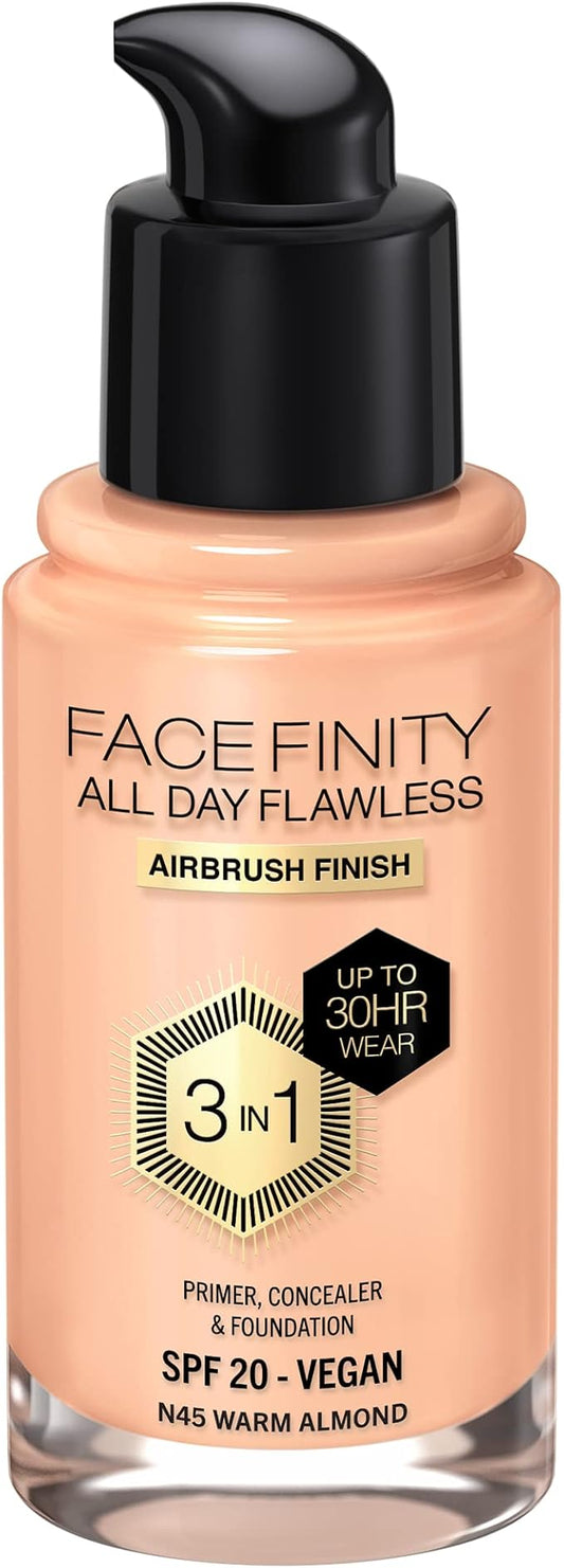 Max Factor Facefinity All Day Flawless 3 In 1 Foundation SPF 20, No. 45 Warm Almond-BrightBean Baby