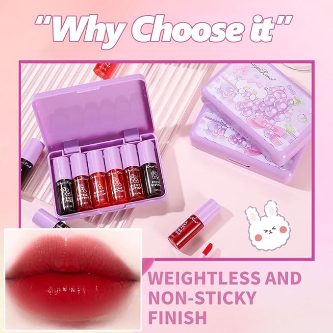 6 Colors Lip Tint Stain Korean Lip Gloss, Matte Velvet Lip Tint Natural Plumping Lip Stain, Multi-Use Lip and Cheek Tint Mini Liquid Lipstick, Long lasting Non-Stick Cup Waterproof, Lip Color Makeup-BrightBean Baby