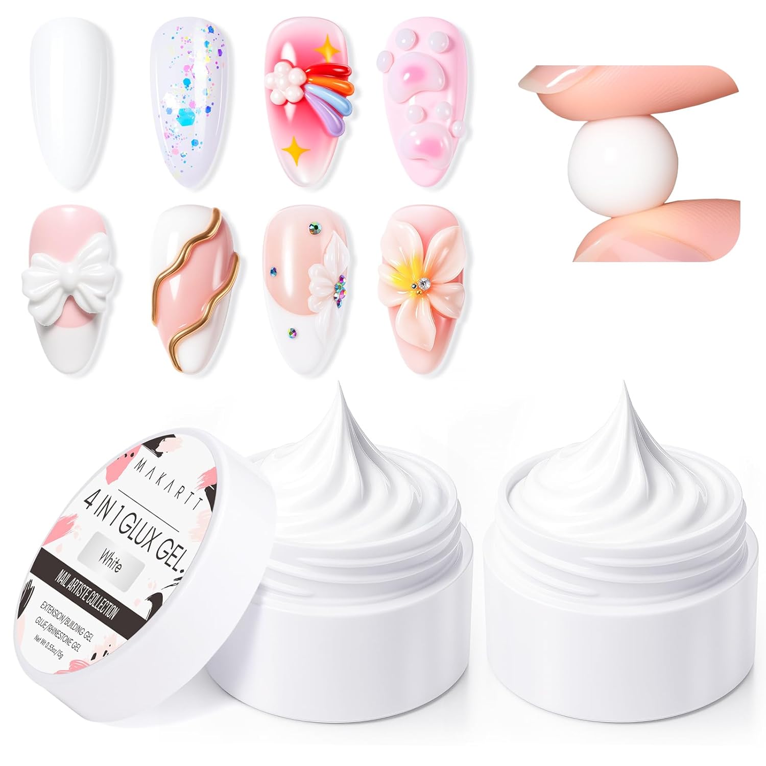 Makartt 3D Gel Nail Art: 4-in-1 Solid Builder Nail Gel White Non-sticky Hands for Extension, 15ML UV Glue for Acrylic Tips, 3D Nails Gels Sculpture Gels for Nails Art Salon Home DIY 2PCS 15ml-BrightBean Baby