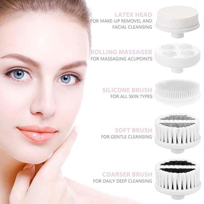 Waterproof Facial Cleansing Spin Brush Set with 5 Exfoliating Brush Heads - Electric Face Scrubber Cleanser Brush by CLSEVXY - Face Brush for Gentle Exfoliation and Deep Scrubbing-BrightBean Baby