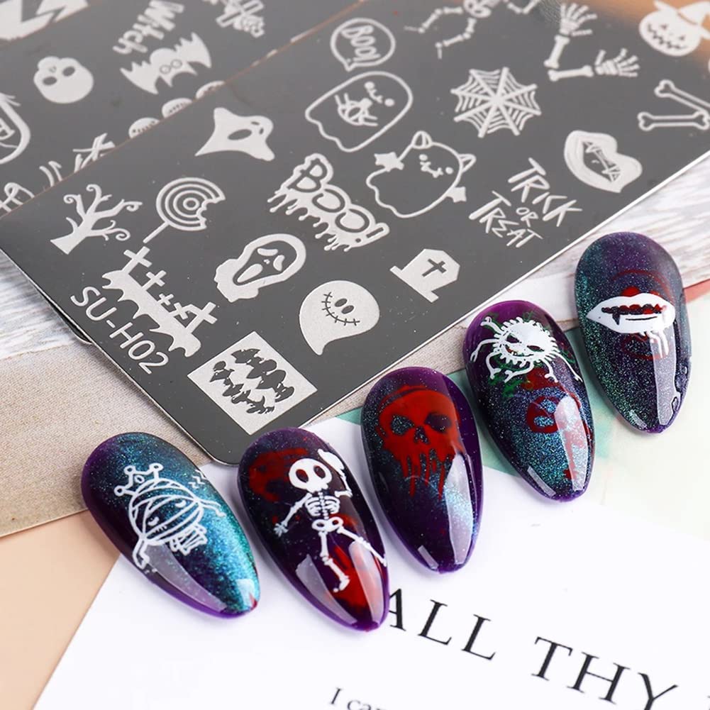 Halloween Nail Stamper Kit: 6 Pcs Stamp Template Plates with 1 Stamper, 1 Scraper - Horror, Ghost, Pumpkin, Skull, Bone Images - DIY Nail Art Set-BrightBean Baby