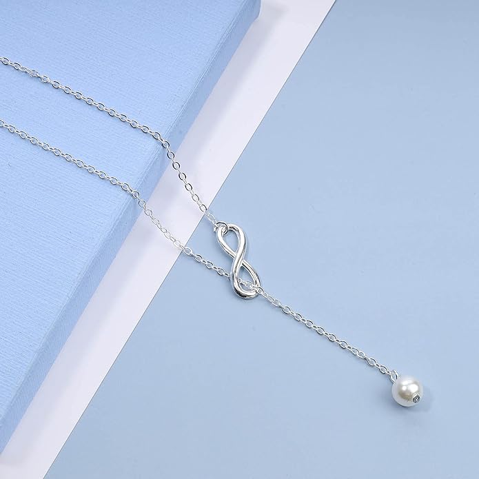 Boho Pearl Infinity Necklace Silver Y Pearl Necklace Minimalist Chain Y Lariat Necklace Chain Jewelry for Women and Girls-BrightBean Baby