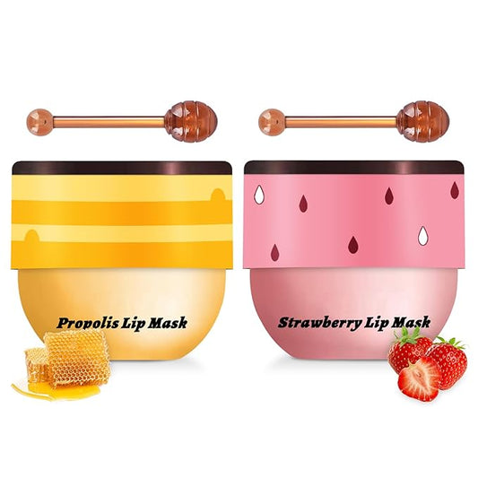 2 PCS Bee Lip Balm Honey Pot, Honey & Strawberry Lip Mask Overnight Propolis Moisturizing Lip Balm Hydrating Prevention Dry and Crack Lip Scrubs Exfoliator Lip Wrinkle Care (Honey&Strawberry)-BrightBean Baby