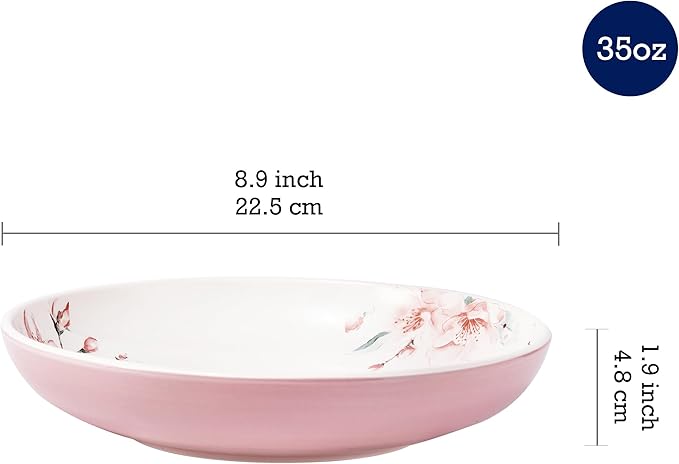 Bico Spring Sakura Pasta Bowls, 35oz Salad Bowl Set of 4, Large Ceramic Serving Dinner Bowls for Soup and Cereal, Microwave and Dishwasher Safe, Gift for Housewarming and Thanksgiving