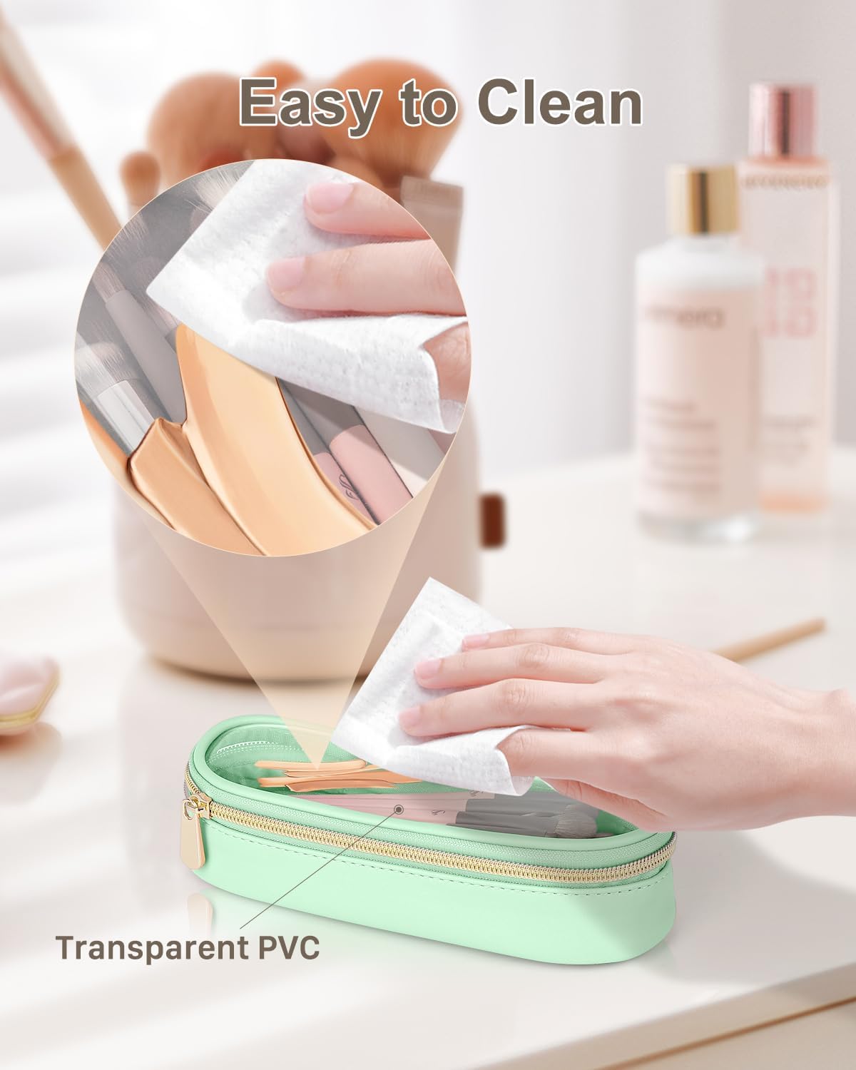 Clear Travel Makeup Brush Holder, Leather Makeup Brush Toiletry Bag, Portable Cosmetic Brush Case, Transparent Waterproof Makeup Brush Storage Bag, Mint Green-BrightBean Baby
