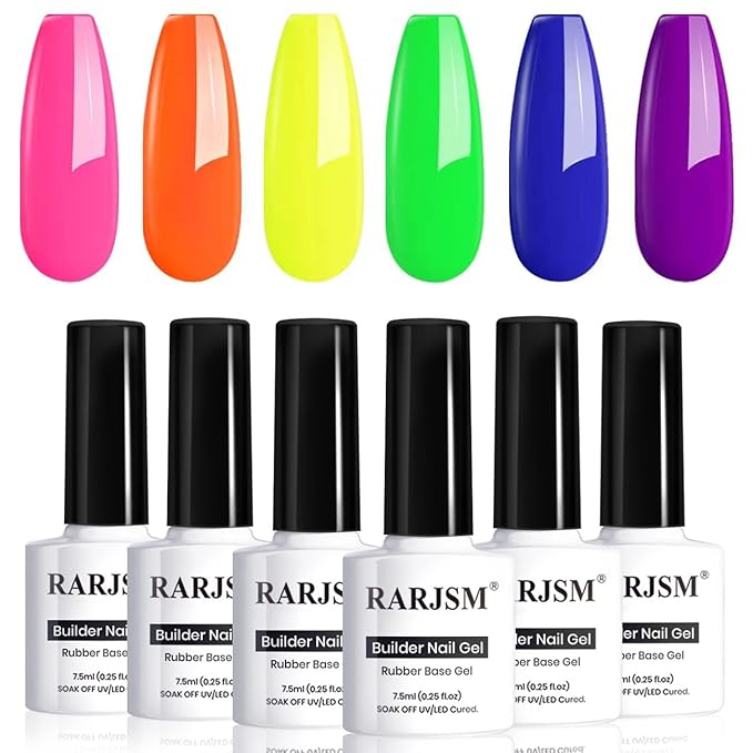 RARJSM Rubber Base Gel for Nails,Neon Gel Nail Polish Set,Neon Orange Green Blue Purple Yellow Rose Red Builder Base Gel in a Bottle ExtensionGel Bright Summer Colors LED UV Cured Home Salon DIY-BrightBean Baby