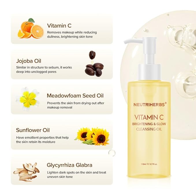 Neutriherbs Makeup Remover Oil Cleanser, Vitamin C Cleansing Oil for Long Last and Waterproof Makeup, Sunscreen, Fit All Skin Type - 3.71 Fl.Oz-BrightBean Baby