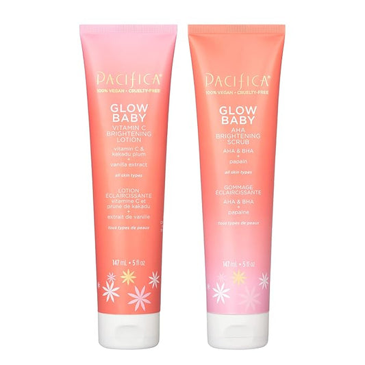 Pacifica Glow Baby Body Lotion & AHA Scrub Set – Brightening Vitamin C Body Lotion (5 oz) + AHA Exfoliating Body Scrub, 2-Step Radiance Duo for Smooth Glowing Skin, Vegan-BrightBean Baby
