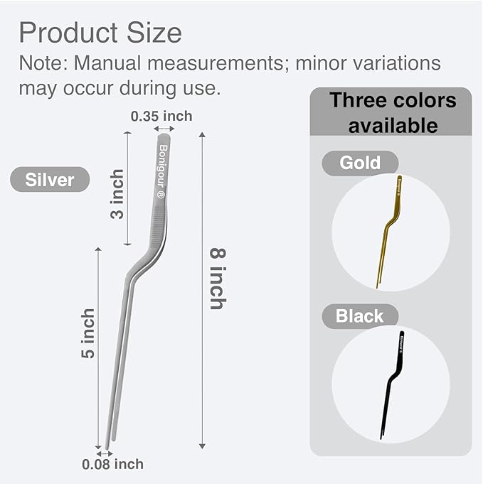 8 Inch Precision Offset Tweezers, Kitchen Culinary Stainless Steel Tongs, Curved Kitchen Cooking Multi-function Chef Precision Tweezer Tongs for Plating, Food Decorating and ect (Silver)