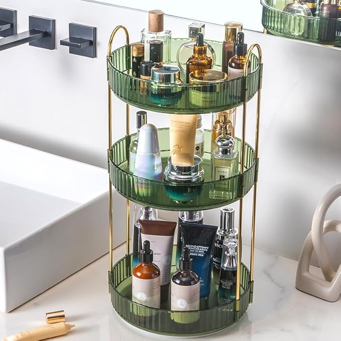 Makeup Organizer for Vanity, 360° Rotating Bathroom Organizer Countertop, High-Capacity Skincare Organizer, Spinning Cosmetics Organizer for Dresser Countertop (3 Tiers, Green)-BrightBean Baby