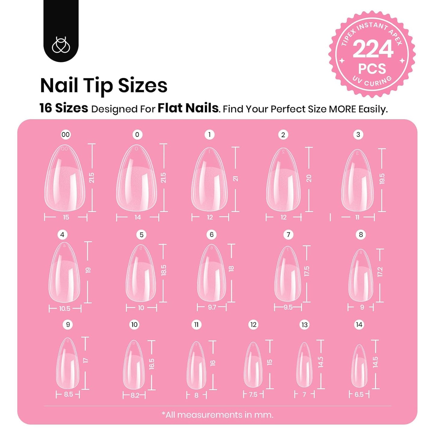Beetles Tipex Instant Apex Nail Tips Kit, Almond Short, 224Pcs 16 Sizes, with Tipex UV Nail Glue Mini Nail Lamp,Pre-Building & Pre-Etched Thicker Acrylic Nails False Nail Extension-BrightBean Baby