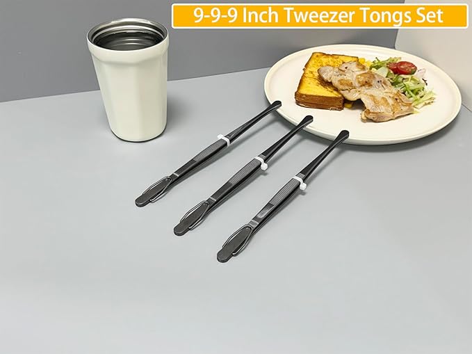 JETKONG 3 Pcs 9-Inch Serving Tweezer Tongs Kitchen Tweezers Stainless Steel Cooking Tweezers (9 9 9 Inch, Black)