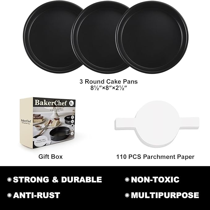 8 Inch Cake Pan Set of 3, Nonstick Round Cake Pans with 110 PCS Parchment Paper, Non-Toxic Carbon Steel Cake Baking Pans, Dishwasher Safe