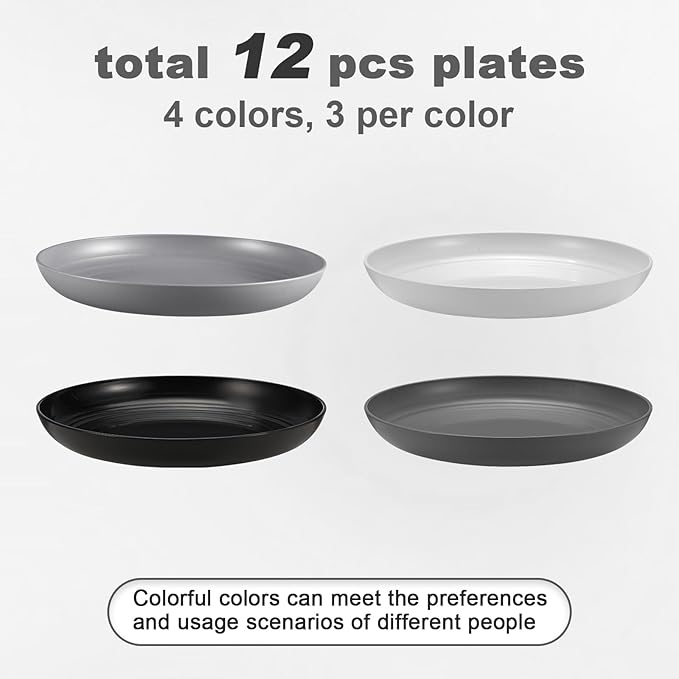 12 Pcs Unbreakable Deep Dinner Plates Set, 10 inch Reusable Plastic Wheat Straw Plates, Microwave and Dishwasher Safe Plate for Kitchen, Lightweight Plate for Dessert, BPA Free, 4 Colors