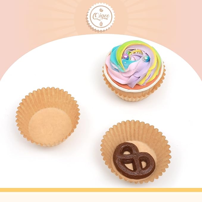 qiqee 600 Count Mini Cupcake Liners Natural Muffin Liners Food Grade Brown Baking Cups Paper No Smells（Small Size）