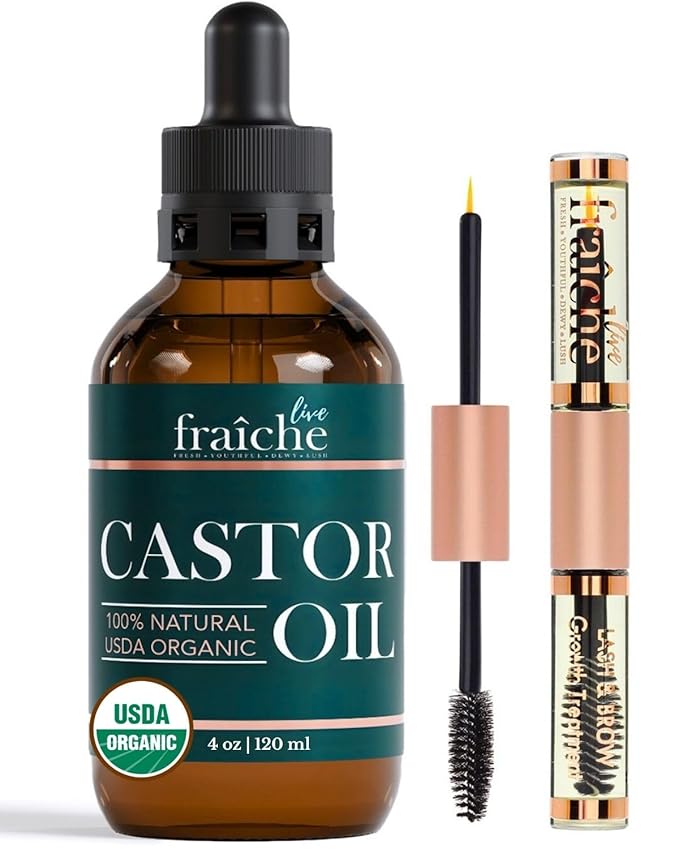 Live Fraiche Organic Castor Oil (4oz) + Filled Mascara Tube, 100% USDA Pure, Cold Pressed, Hexane Free Lash Serum Hair Growth Oil for Eyelashes, Eyebrows, Hair - Brow and Hair Treatment Oil-BrightBean Baby