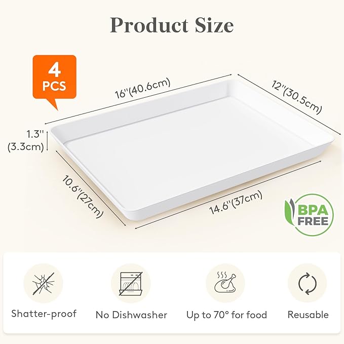Lifewit Plastic Serving Tray for Party Supplies, 16" x 12" White Trays for Serving Food, Reusable Large Platter for Buffet, Fruit, Dessert, Snack, Veggie, Kitchen and Outdoor Use, Rectangle, 4 Pcs