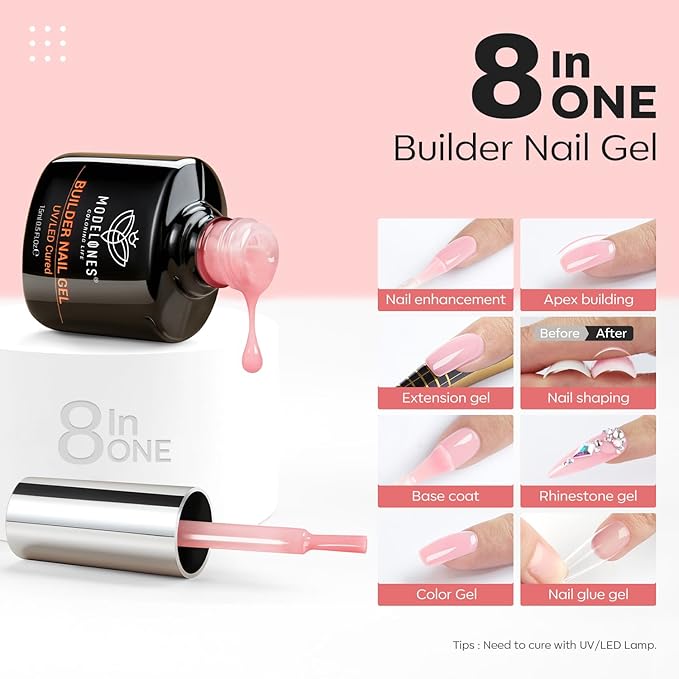 modelones Builder Nail Gel, 8-in-One Neutral Nude Pink Builder for Nail Thickening Apex Building, Rose Blush Pink Rubber Color Base LED Lamp Cured Strengthener Extend Hard Gel Polish for DIY Salon-BrightBean Baby