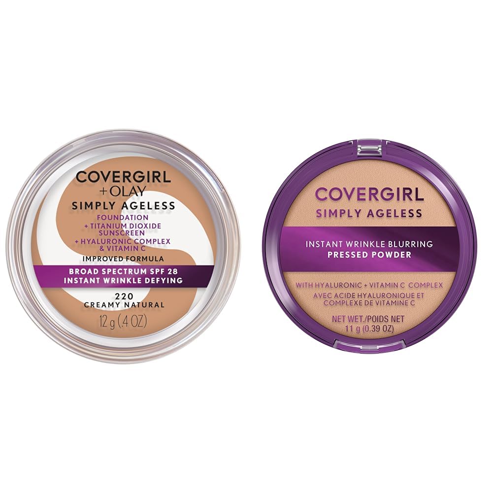 COVERGIRL Simply Ageless Instant Wrinkle-Defying Foundation Creamy Natural 0.44 Fl Oz & Instant Wrinkle Blurring Pressed Powder Classic Ivory 0.39 Oz-BrightBean Baby