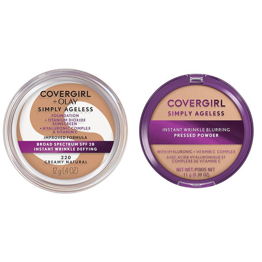 COVERGIRL Simply Ageless Instant Wrinkle-Defying Foundation Creamy Natural 0.44 Fl Oz & Instant Wrinkle Blurring Pressed Powder Classic Ivory 0.39 Oz-BrightBean Baby