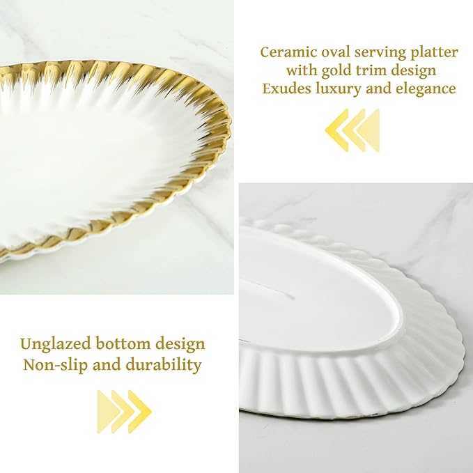 Serving Platters, Ceramic Oval Serving Platters,12 Inch Serving Dishes/Trays for Party Entertaining, Porcelain White Dinner Plates with Gold Trim for Sandwich, Appetizer, Fruit, Desserts, Set of 2