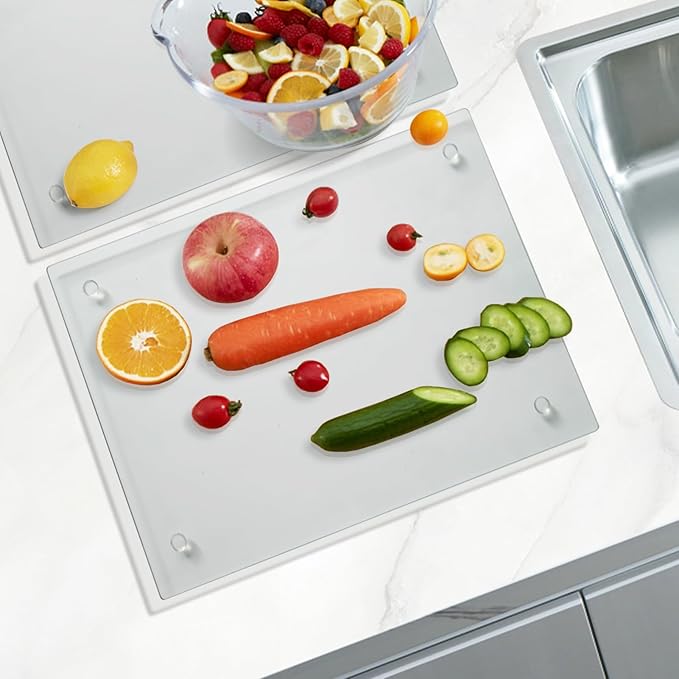 Tempered Glass Cutting Board for Kitchen, Clear Glass Board for Countertop, Heat Resistant, with Non-Slip Feet, 12x16" 2 Pcs Clear