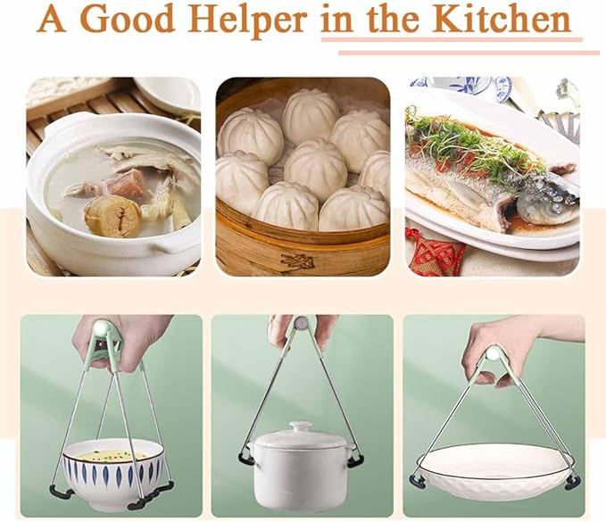 2 PCS Stainless Steel Hot Bowl Clip,Stainless Steel Bowl Lifter Clips,Multifunction with Plastic Handle Foldable Bowl Clip Kitchen Tools Cooking Tongs Ideal to Hold Dishes, Bowls, Pans and More