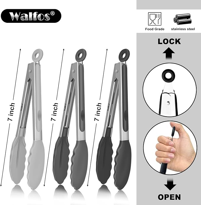 Walfos Small Silicone Tongs for Cooking- 7 inch Mini Kitchen Tongs with Silicone Tips, Great for Cooking, Turning, Serving, Food tongs Set of 3
