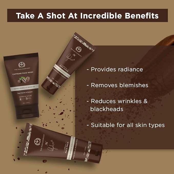 The Man Company Coffee Face Care Kit with Face Wash, Face Scrub, Face Pack | Cleanses, Detoxifies, Relaxes, Glowing and Brightening Skin - Pack of 3-BrightBean Baby