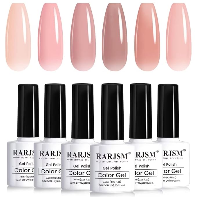 RARJSM Nude Gel Polish Set Jelly Pink Collection of 6 Transparent Natural Colors Sheer Pink Milky Mavue Purple Light Brown French Manicure LED UV Gel Nail Polish Soak Off Curing Requires Home Salon-BrightBean Baby